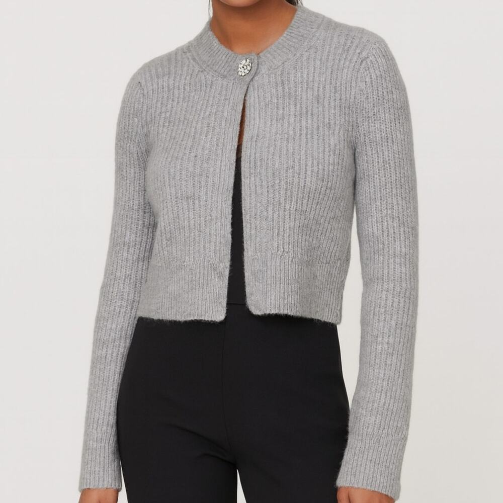 Abercrombie & Fitch Rhinestone Button Grey Ribbed Knit Cropped Cardigan Sweater
